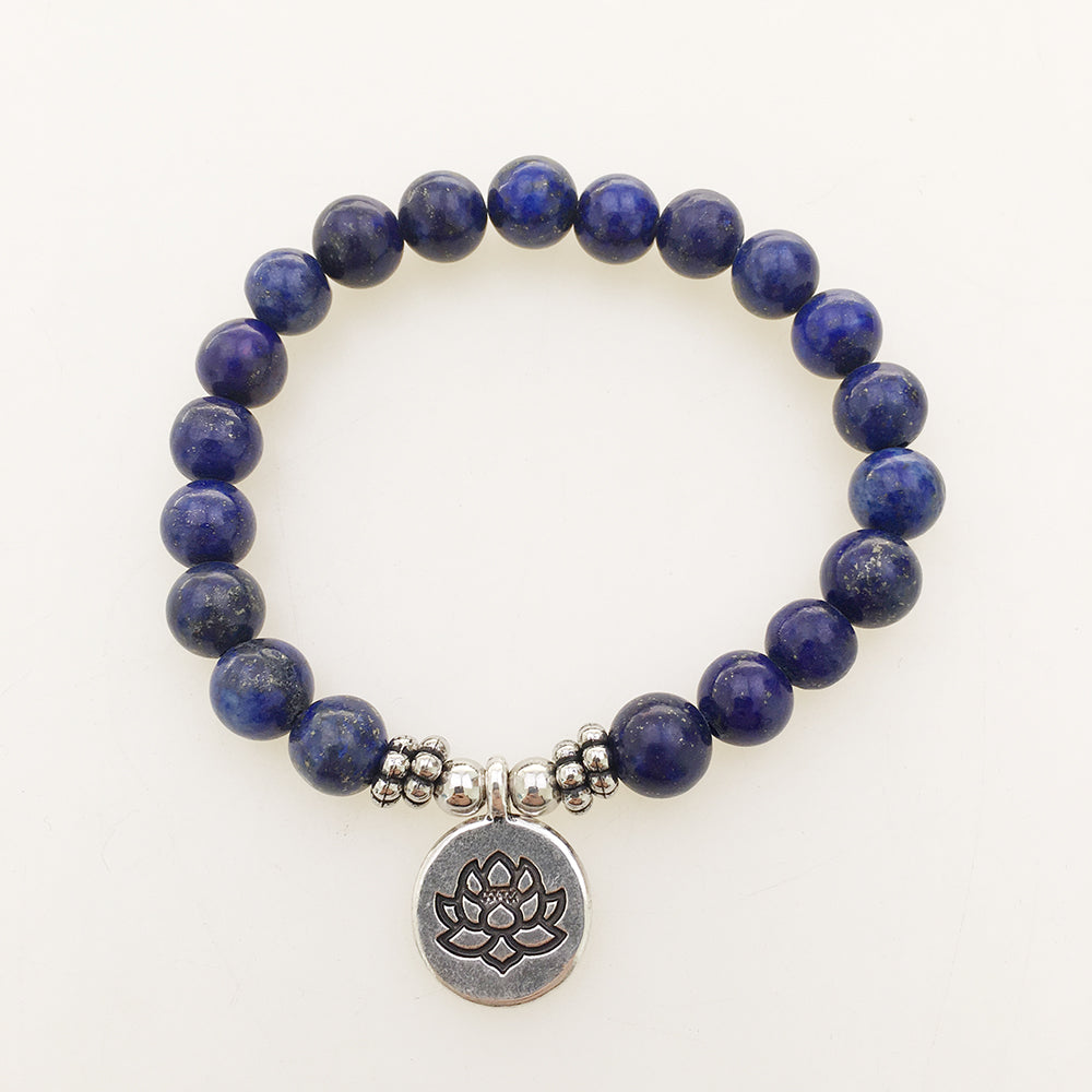 Handmade Lapis Lazuli Beaded Bracelet with Om Buddha Lotus charm