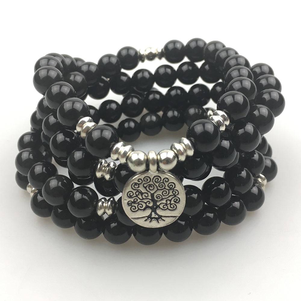 Handmade Black Onyx bracelet mala with Tree of Life charm