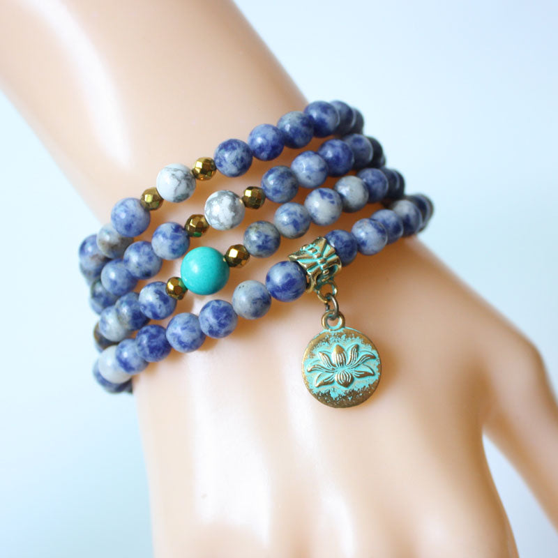 Handmade Sodalite bracelet 108 beads mala necklace with Lotus charm