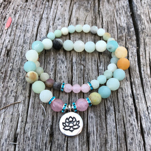 Amazonite bracelet set with lotus charm