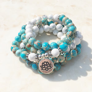Handmade Howlite Aqua Terra Jasper bracelet with Lotus Buddha Om charm