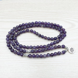 Handmade Amethyst mala 108 beads bracelet necklace with Lotus charm