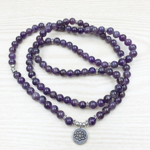 Handmade Amethyst mala 108 beads bracelet necklace with Lotus charm