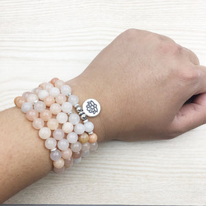 Handmade Pink Aventurine bracelet mala necklace with Lotus charm on hand