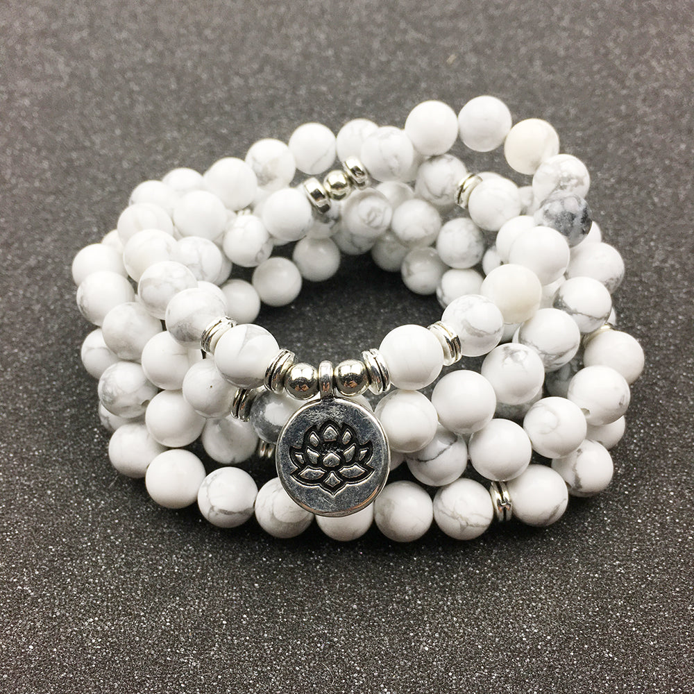 Handmade Howlite mala bracelet necklace with spiritual Lotus Buddha Om charm