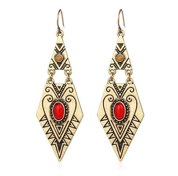 Tibetan Long Ethnic Earrings with red stone
